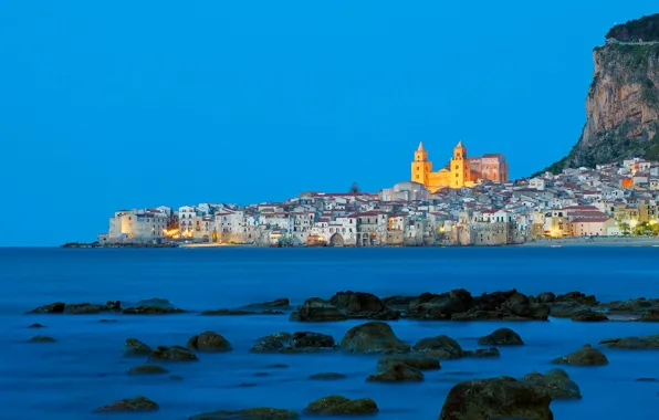 Sea, mountain, home, Italy, Cathedral, Sicily, Cefalu