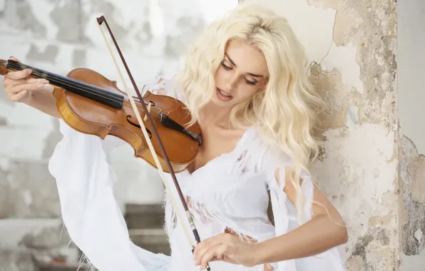 Picture girl, wall, violin, blonde