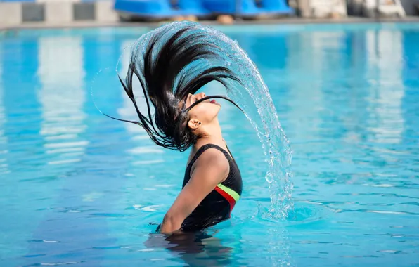 Water, girl, squirt, face, hair, pool