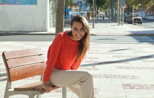 Picture look, bench, pose, smile, Girl, Lorena, sweater