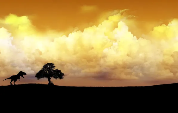 The sky, grass, clouds, tree, people, dinosaur