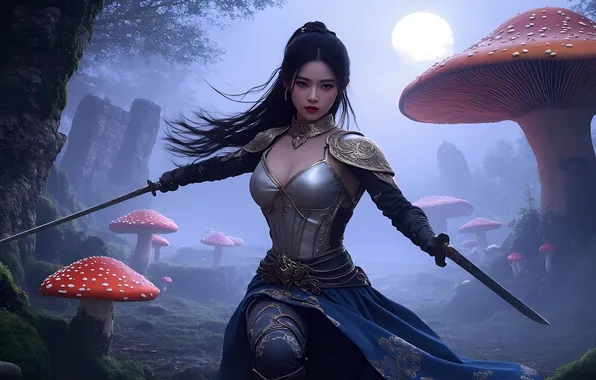 Forest, girl, mushrooms, sword, Chinese, armor, Asian, fantasy