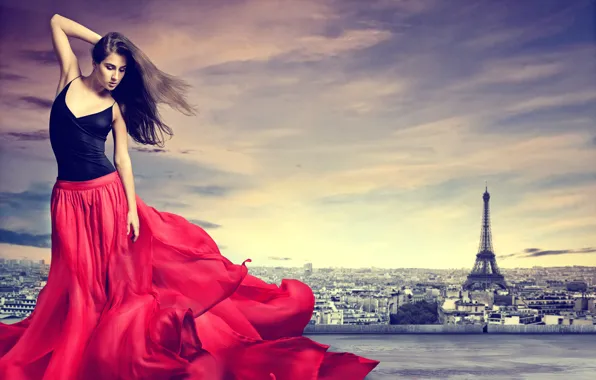 Girl, the city, pose, red, skirt, figure, brunette, Eiffel tower