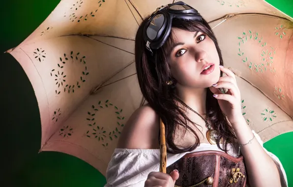 Picture girl, umbrella, glasses, Steampunk, brown-eyed