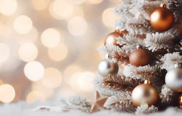 Decoration, balls, tree, New Year, Christmas, golden, new year, happy