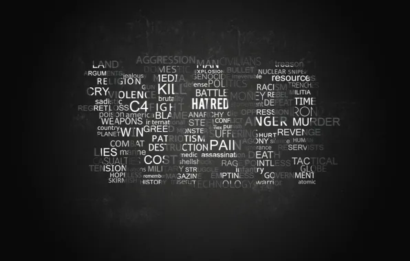 Picture death, war, black, hatred, pain, words, lie, War