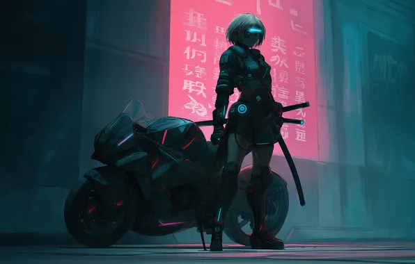 Science fiction, motorcycle, katana, women, AI art, cyberpunk, illustration