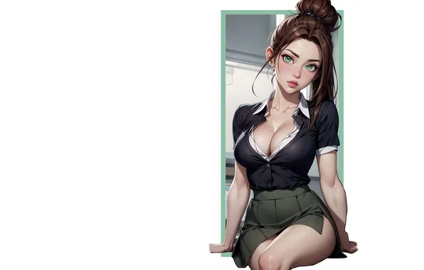 Kawaii, girl, sexy, cleavage, green eyes, boobs, sexy girl, anime