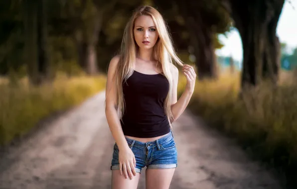 Girl, shorts, long hair, legs, trees, photo, photographer, blue eyes