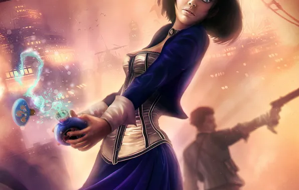 Girl, gun, art, bottle, male