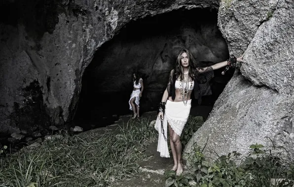 Girl, mountains, rocks