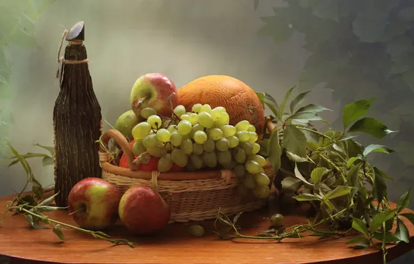 Apples, bottle, grapes, melon