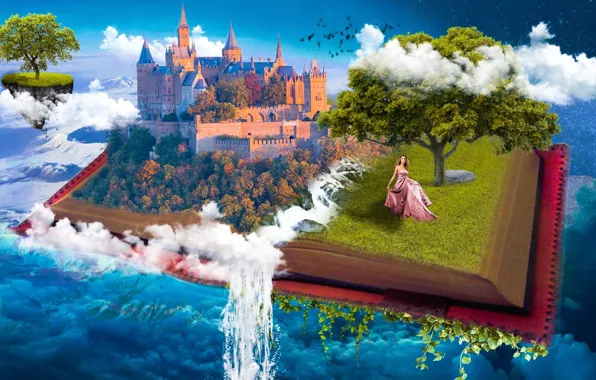 Picture the sky, water, girl, clouds, castle, fantasy, tree, collage