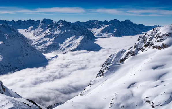 Winter, the sky, clouds, snow, landscape, mountains, nature, fog