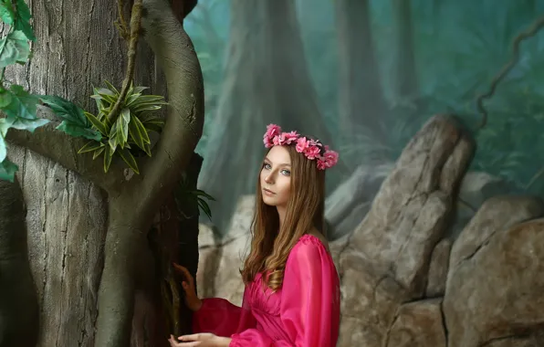 Picture girl, trees, stones, dress, jungle, brown hair, wreath, Irina Golubyatnikova