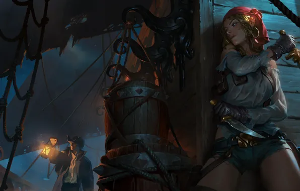 Girl, night, ship, pirates, deck, in ambush, time, Bilgewater