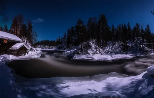 Cold, night, river, moonlight, Myllykoski rapids