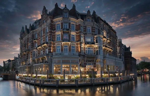 The sky, river, the evening, Amsterdam, channel, the hotel, Netherlands, Hotel De L'europ
