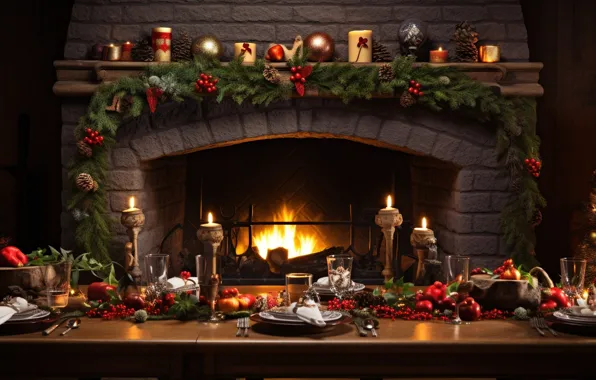 Decoration, table, room, balls, tree, interior, New Year, Christmas