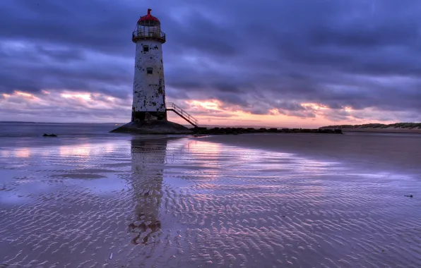 Sand, sea, the sky, sunset, clouds, shore, lighthouse, the evening