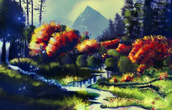 Picture autumn, trees, river, art, painted landscape