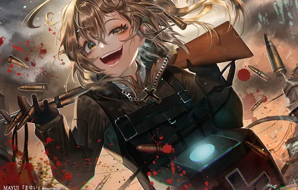 Picture girl, weapons, blood, cartridges, anime, art, Youjo Senki, Tanya Degurechaff