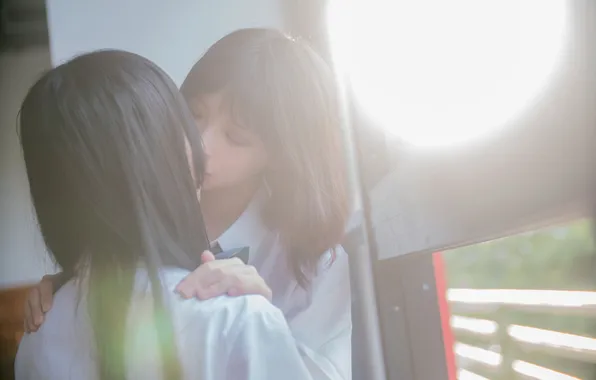 Beautiful, Asian, Women, Models, Kissing, Pretty, Window, Closed Eyes