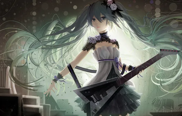 Picture look, girl, the city, smile, music, the game, guitar, vocaloid