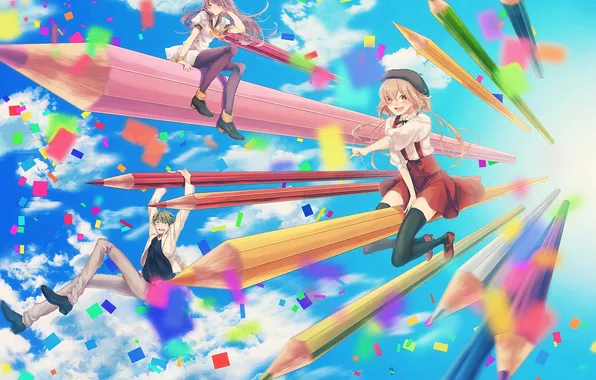 Picture the sky, the sun, clouds, girls, anime, pencils, art, guy