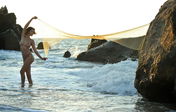 Sea, foam, girl, stones, network, the evening, surf, brown hair