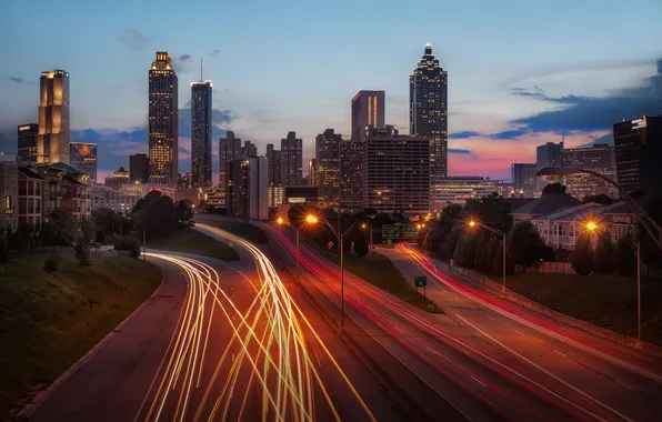 Night, the city, track, home, Atlanta Skyline