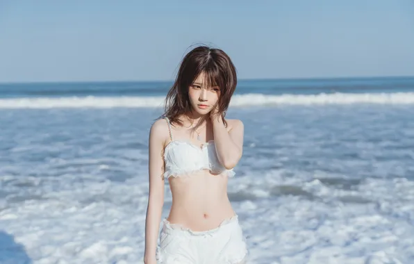 Beautiful, Asian, Model, Coast, Beach, Water, Woman, Ocean