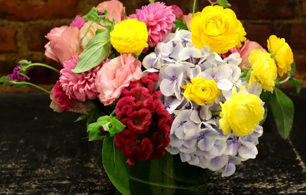 Picture photo, Flowers, Bouquet, Roses, Buttercup, Hydrangea