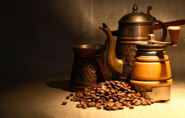 Light, coffee, kettle, twilight, grain, bokeh, coffee grinder
