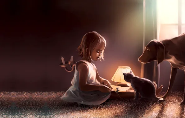 Picture cat, the game, tale, dog, the evening, mouse, art, book