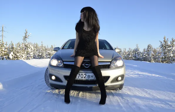 Winter, road, auto, girl, Girls, Opel