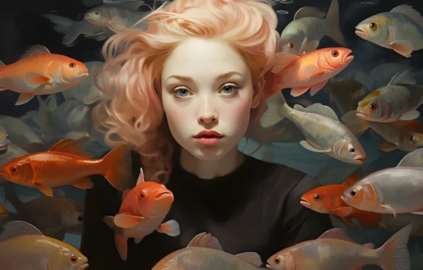 Girl, fish, fish, portrait, red, AI art, neural network