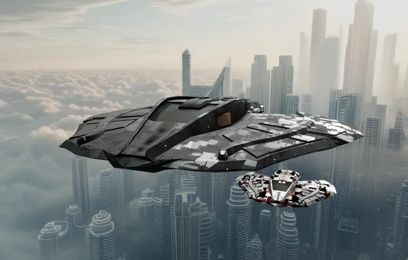 Flight, the city, fiction, UFO, skyscrapers, aircraft, the alien ship, AI art