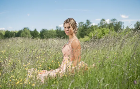 Picture grass, look, girl, dress, meadow, Michelle