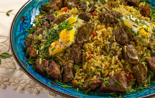 Greens, meat, figure, pilaf