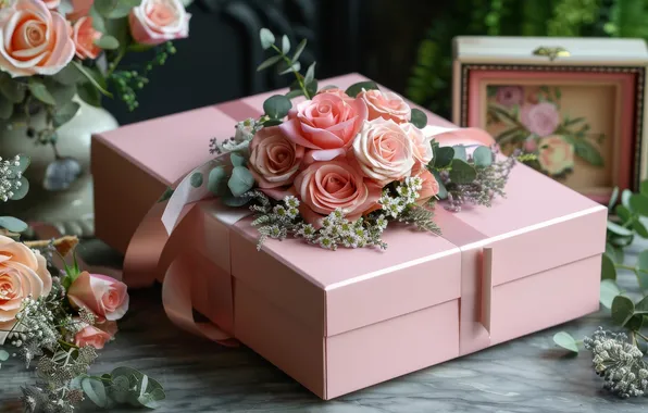 Flowers, table, holiday, box, gift, pink, roses, bouquet