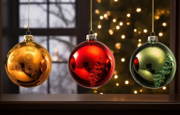 Balls, lights, Shine, window, Christmas, New year, tree, trio