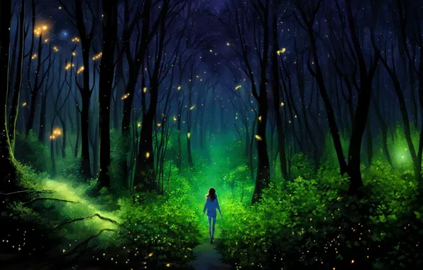 Forest, landscape, night, nature, fireflies, girls, fantasy, fantasy art
