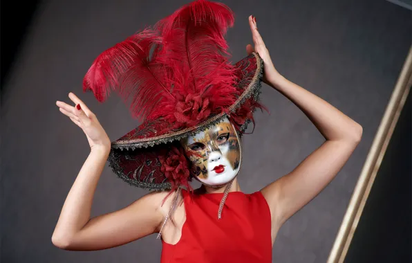 Girl, woman, model, hat, feathers, hands, dress, mask