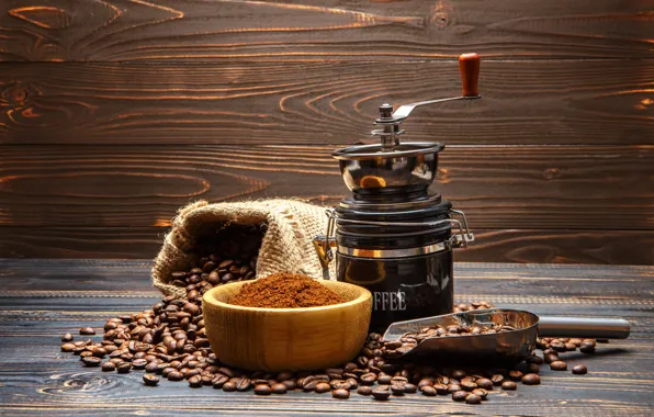 Coffee, coffee beans, coffee grinder, fried