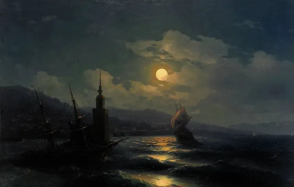 Landscape, night, the moon, ship, picture, 1878, Ivan Aivazovsky, A corner of Constantinople from the …