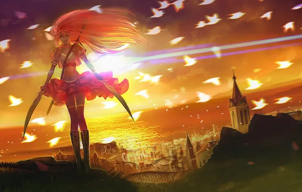 Picture girl, the sun, sunset, birds, the city, weapons, the ocean, art