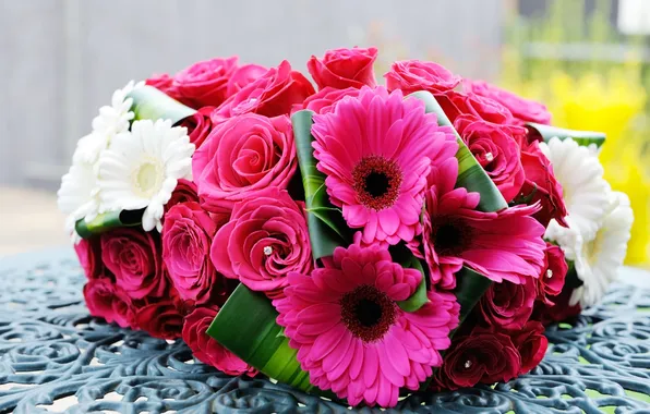 Picture flowers, roses, bouquet, gerbera
