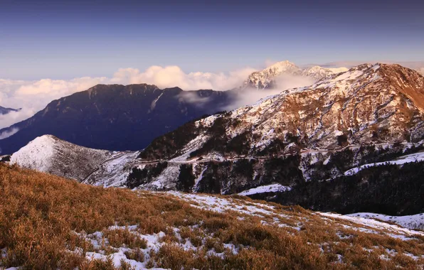 Grass, clouds, snow, mountains, height, dry