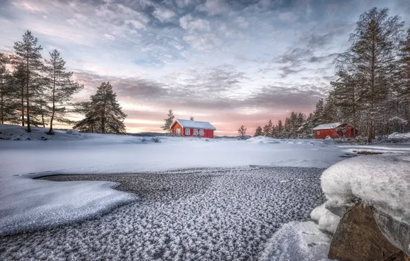 Winter, lake, houses